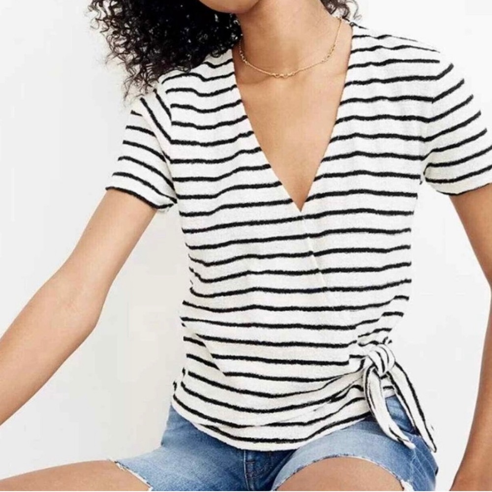 Madewell Texture & Thread White and Black Striped Short Sleeve Wrap Crop Top